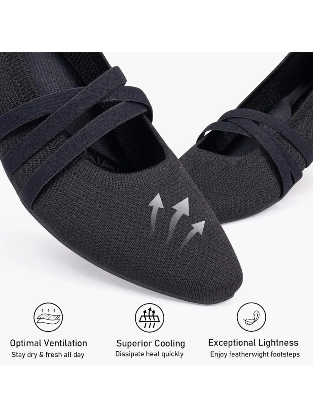 Women's Black Knit Square Toe Ballet Flats Mary Jane Slip On Causal Shoes